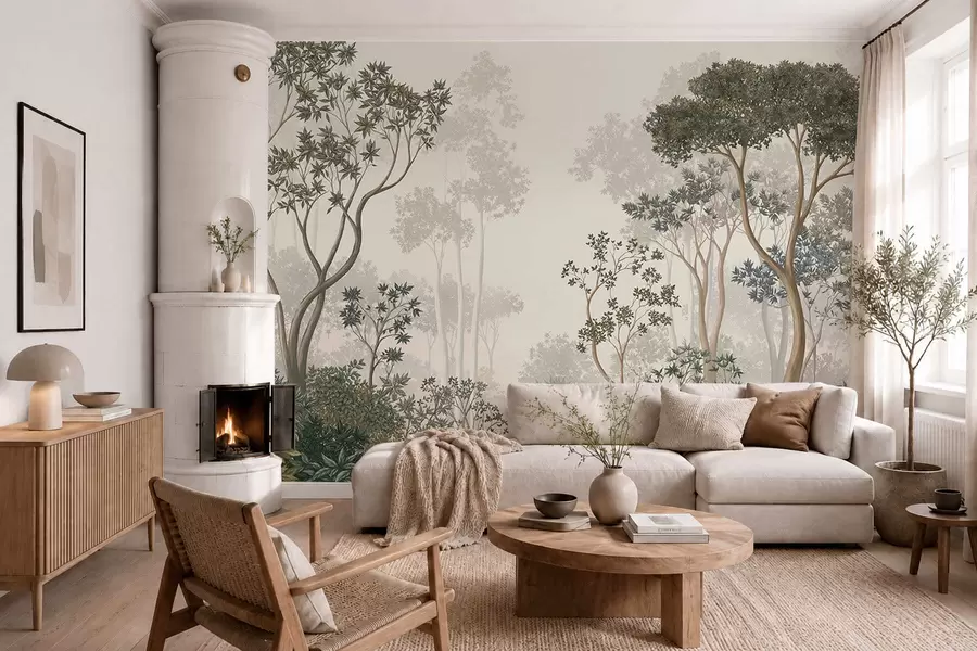 Papier peint Une forêt brumeuse avec des arbres et un cours d'eau paisible w05700