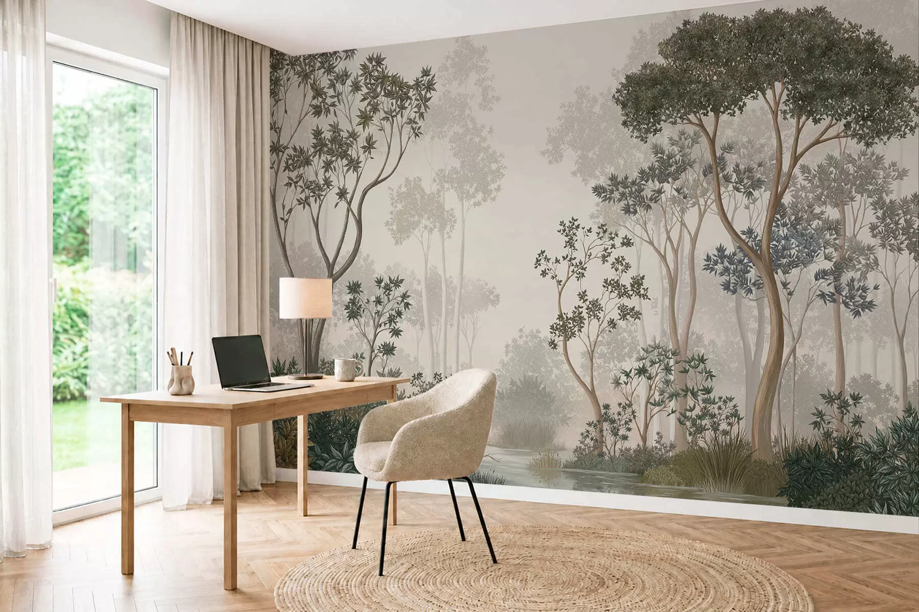 Papier peint Une forêt brumeuse avec des arbres et un cours d'eau paisible w05700