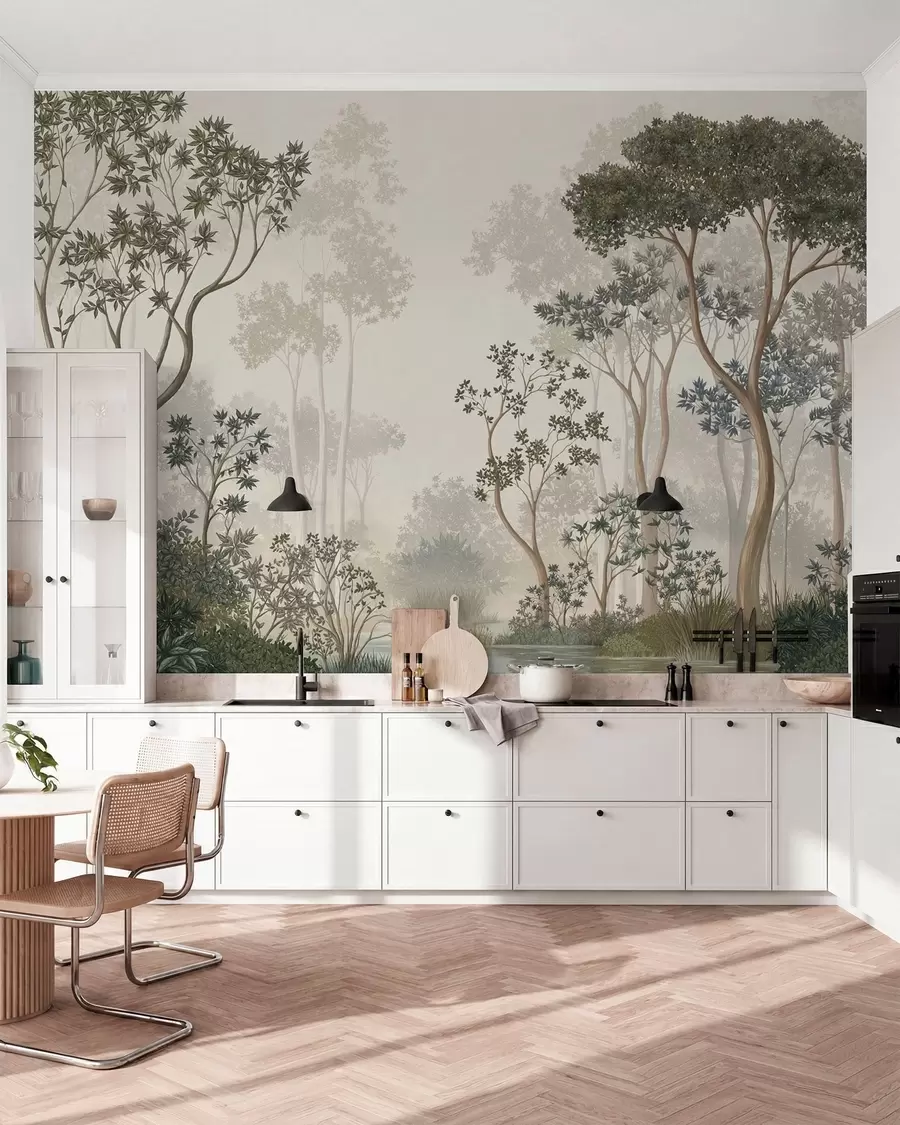 Papier peint Une forêt brumeuse avec des arbres et un cours d'eau paisible w05700