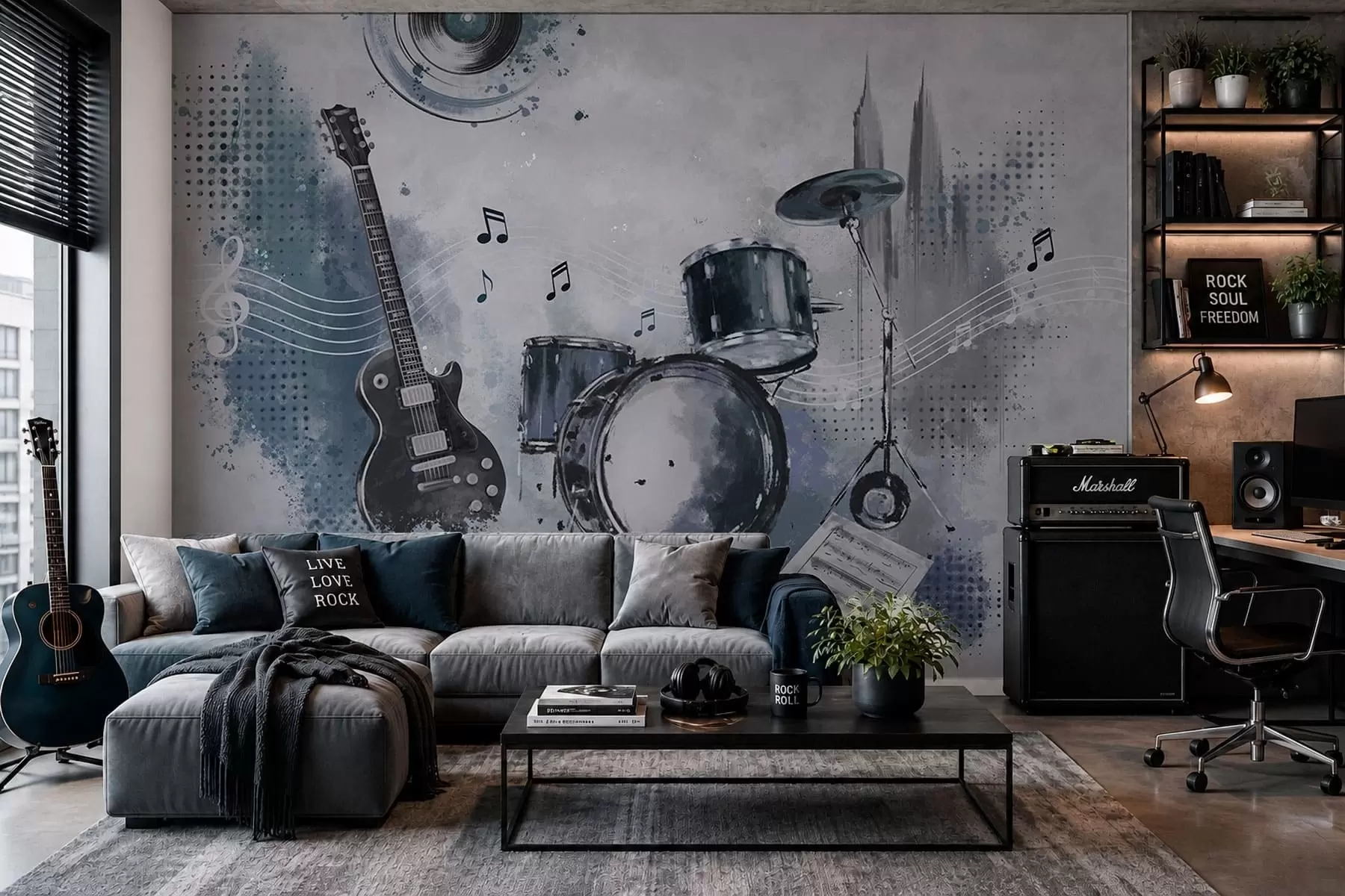 Papier peint Guitare et batterie avec des notes de musique w05546