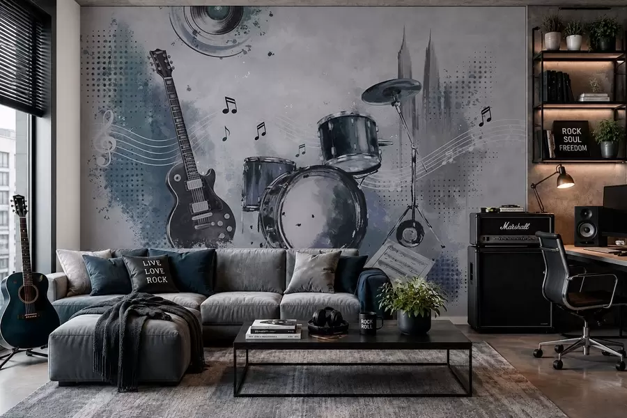 Papier peint Guitare et batterie avec des notes de musique w05546