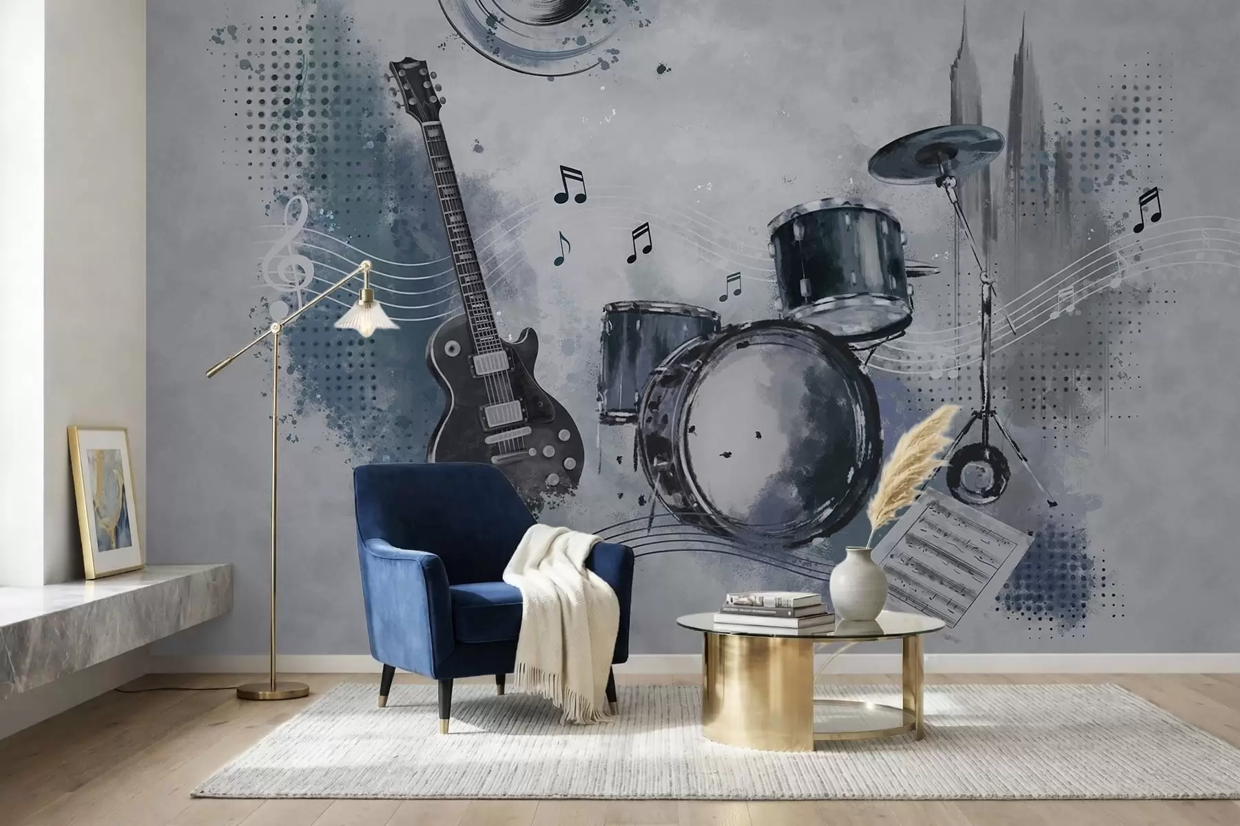 Papier peint Guitare et batterie avec des notes de musique w05546