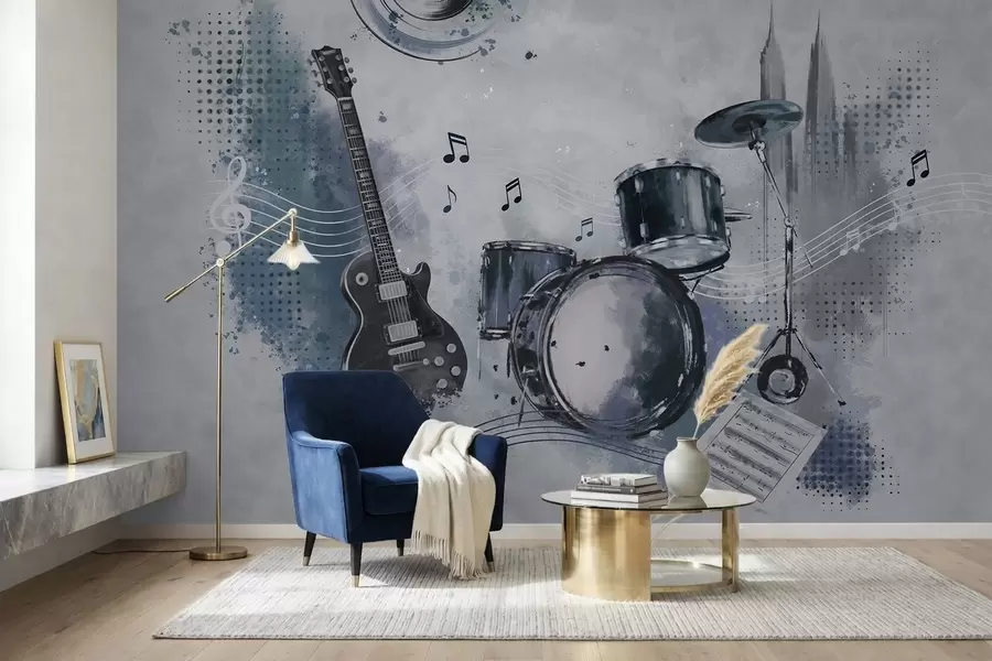 Papier peint Guitare et batterie avec des notes de musique w05546