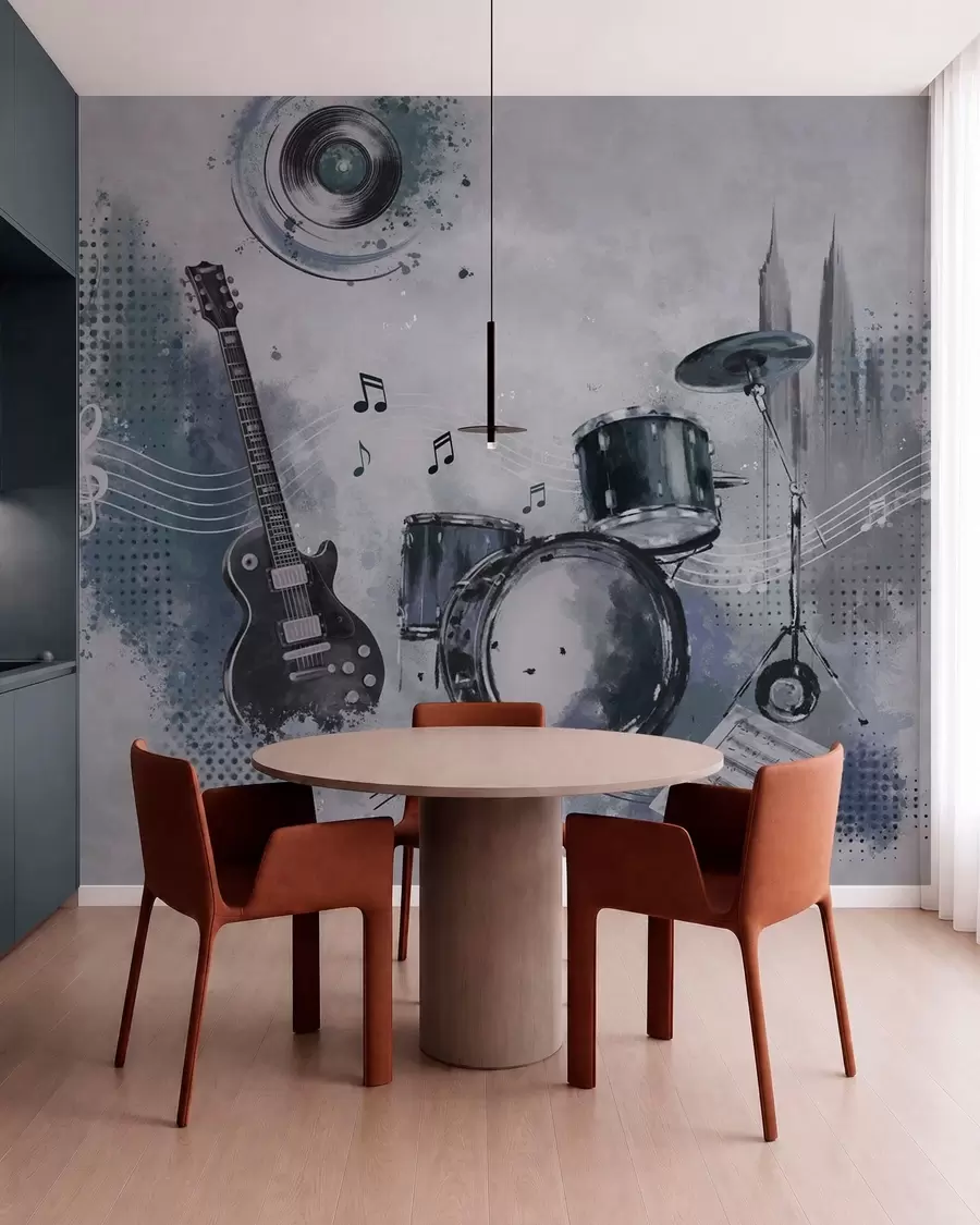 Papier peint Guitare et batterie avec des notes de musique w05546