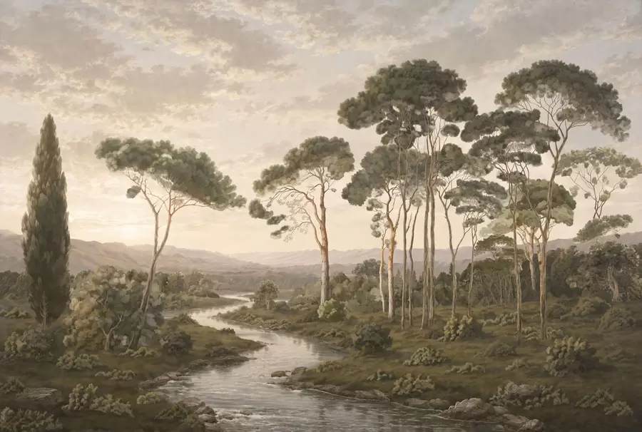 Papier peint Paysage avec une rivière, des arbres et des collines au loin w05696