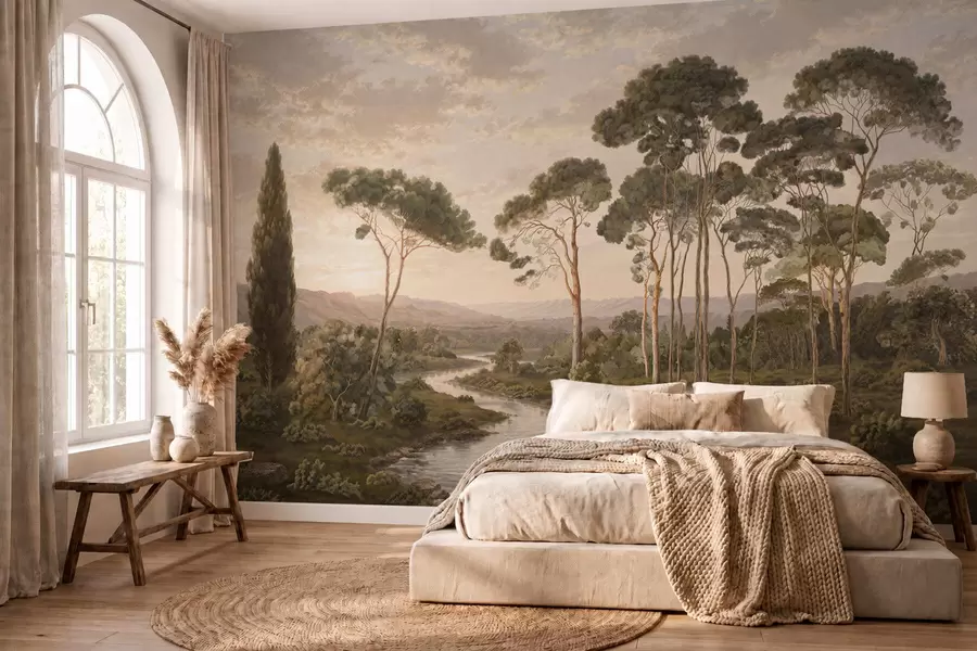 Papier peint Paysage avec une rivière, des arbres et des collines au loin w05696