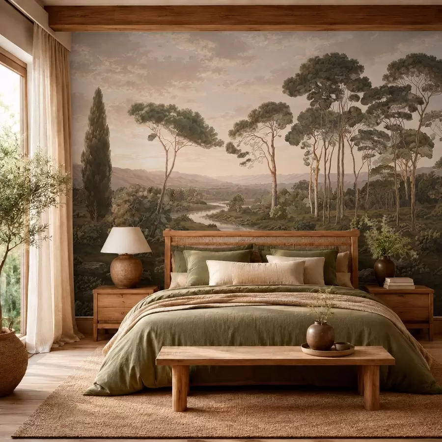 Papier peint Paysage avec une rivière, des arbres et des collines au loin w05696