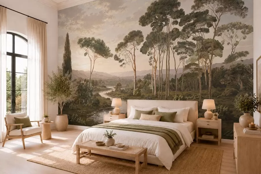 Papier peint Paysage avec une rivière, des arbres et des collines au loin w05696