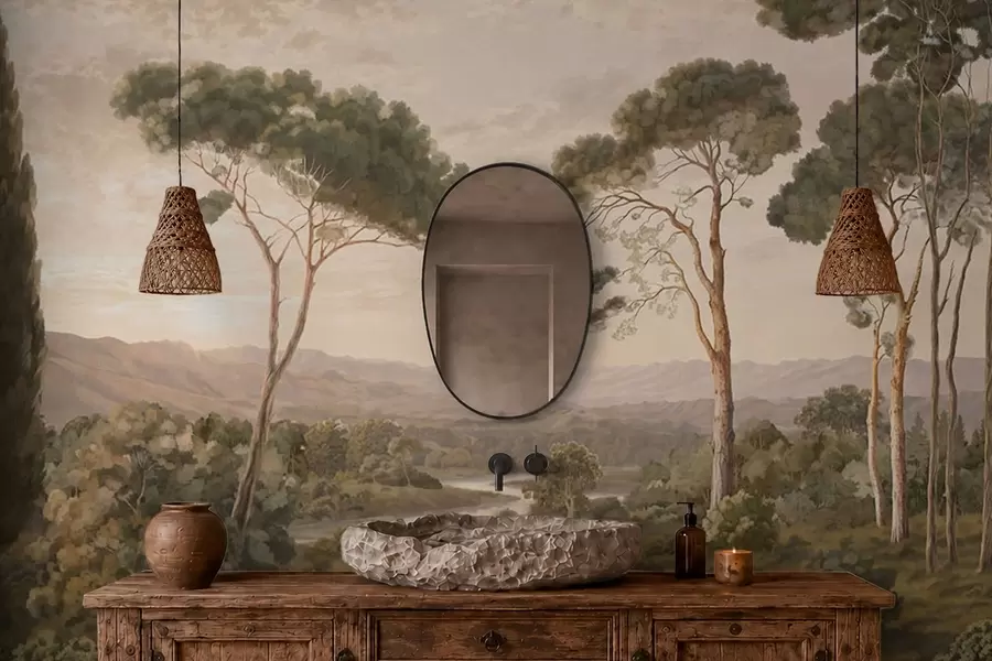 Papier peint Paysage avec une rivière, des arbres et des collines au loin w05696