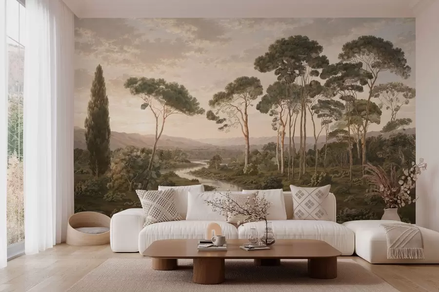 Papier peint Paysage avec une rivière, des arbres et des collines au loin w05696
