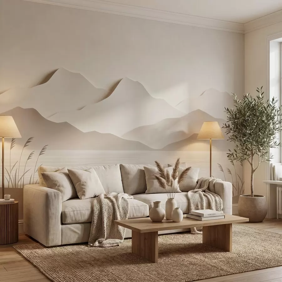 Papier peint Paysage montagneux en relief surplombant un lac paisible, dans une palette de tons beiges chauds w09876