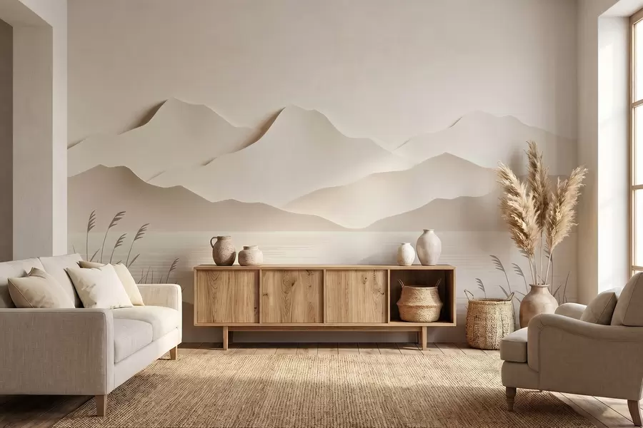 Papier peint Paysage montagneux en relief surplombant un lac paisible, dans une palette de tons beiges chauds w09876