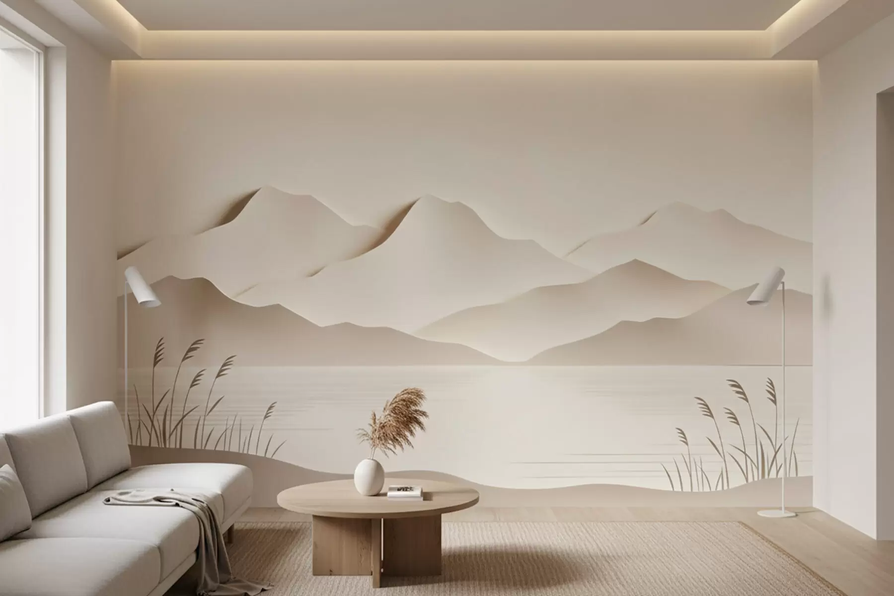 Papier peint Paysage montagneux en relief surplombant un lac paisible, dans une palette de tons beiges chauds w09876