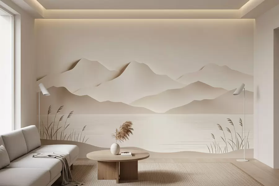 Papier peint Paysage montagneux en relief surplombant un lac paisible, dans une palette de tons beiges chauds w09876