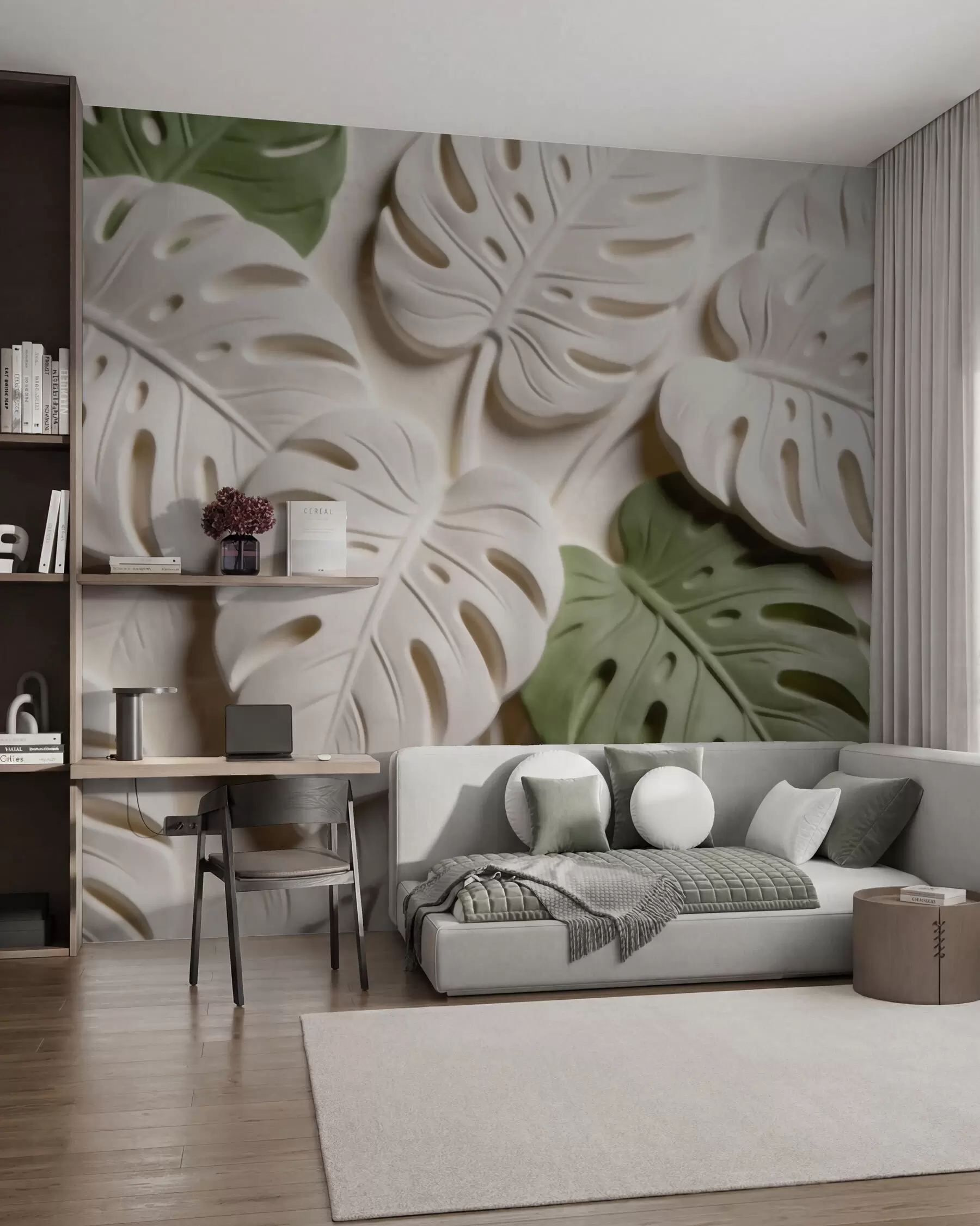 Papier peint Feuilles de monstera botaniques en relief, dans des tons crème et verts w09883