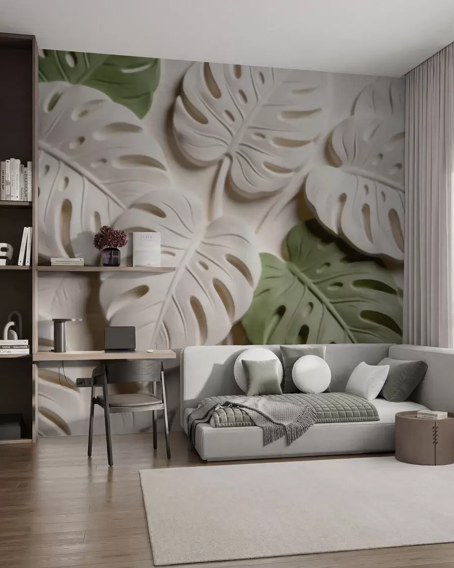 Papier peint Feuilles de monstera botaniques en relief, dans des tons crème et verts w09883