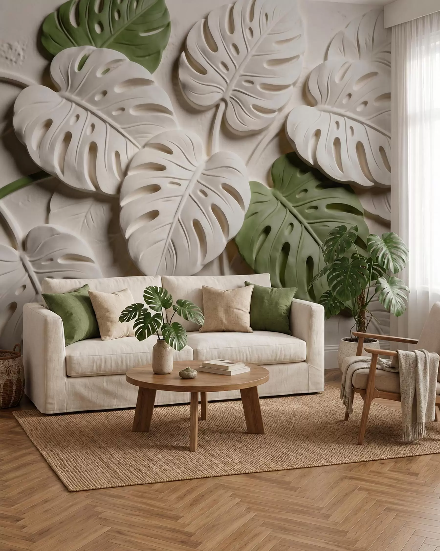 Papier peint Feuilles de monstera botaniques en relief, dans des tons crème et verts w09883