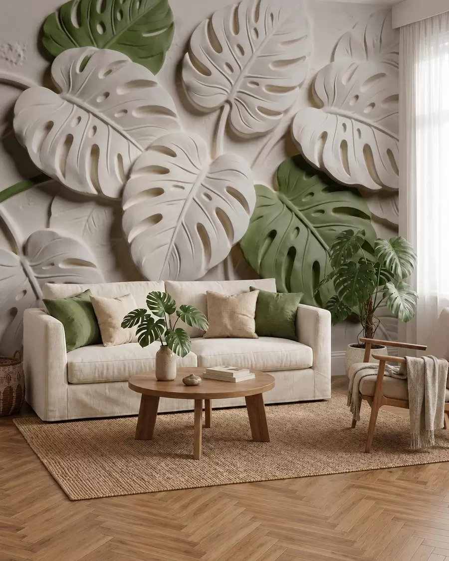 Papier peint Feuilles de monstera botaniques en relief, dans des tons crème et verts w09883