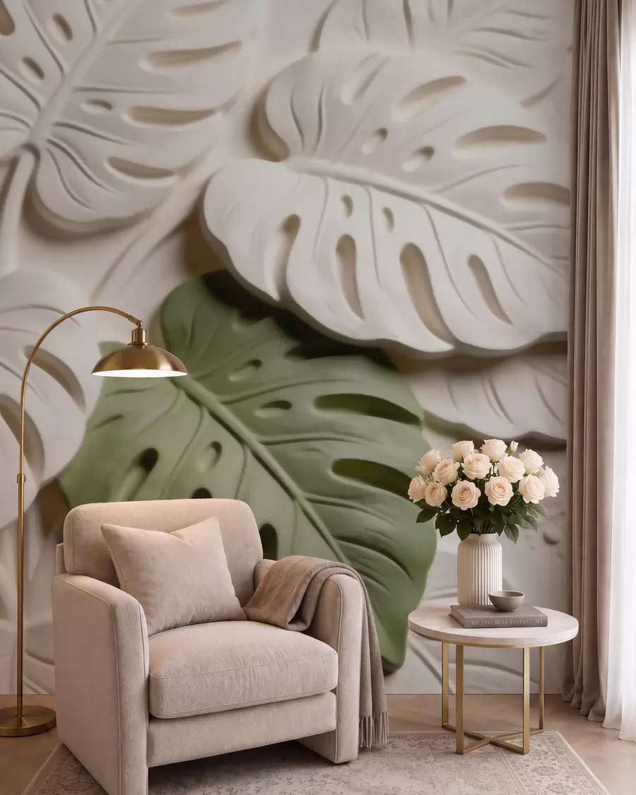 Papier peint Feuilles de monstera botaniques en relief, dans des tons crème et verts w09883