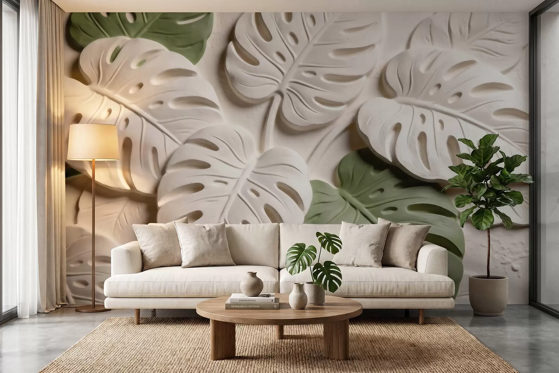 Papier peint Feuilles de monstera botaniques en relief, dans des tons crème et verts w09883
