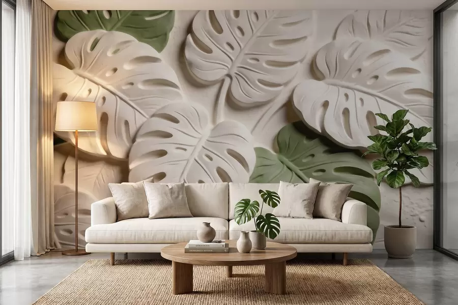Papier peint Feuilles de monstera botaniques en relief, dans des tons crème et verts w09883