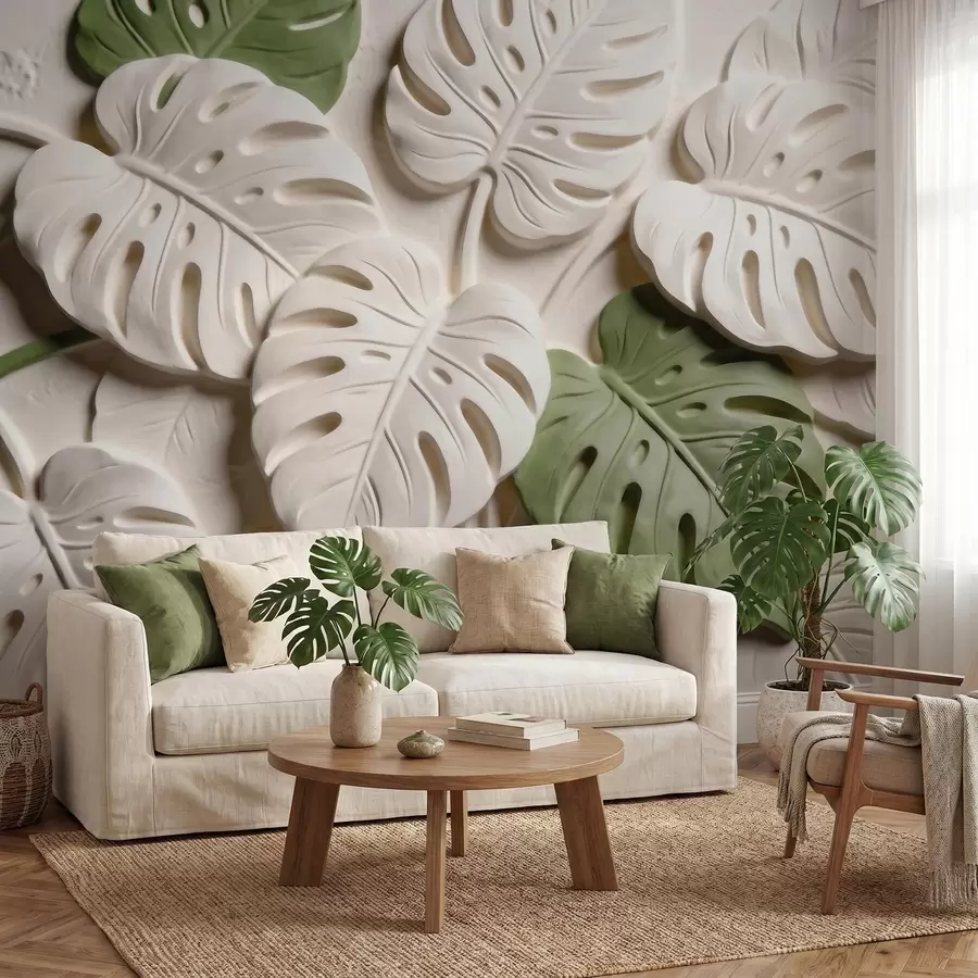 Papier peint Feuilles de monstera botaniques en relief, dans des tons crème et verts w09883