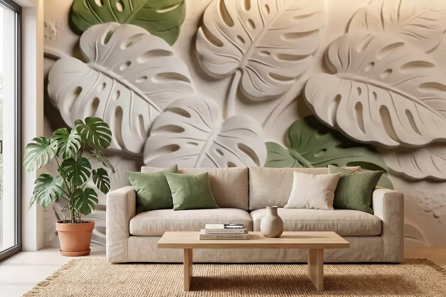 Papier peint Feuilles de monstera botaniques en relief, dans des tons crème et verts w09883