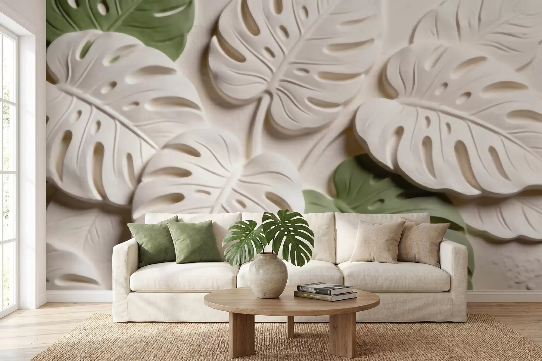 Papier peint Feuilles de monstera botaniques en relief, dans des tons crème et verts w09883