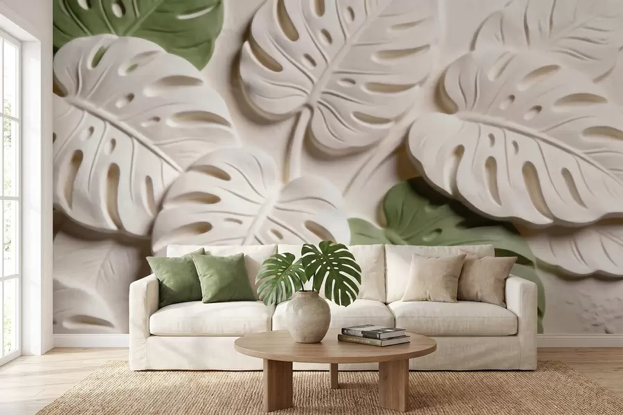Papier peint Feuilles de monstera botaniques en relief, dans des tons crème et verts w09883