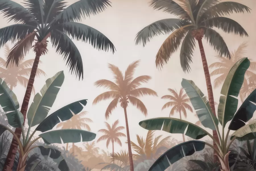 Papier peint Des palmiers tropicaux dans une palette de couleurs douces et vintage, dans une ambiance brumeuse de matinée w09884