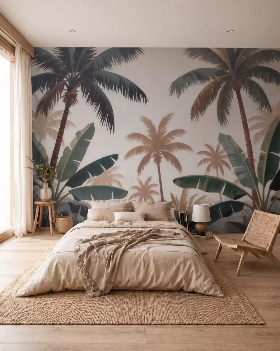 Papier peint Des palmiers tropicaux dans une palette de couleurs douces et vintage, dans une ambiance brumeuse de matinée w09884