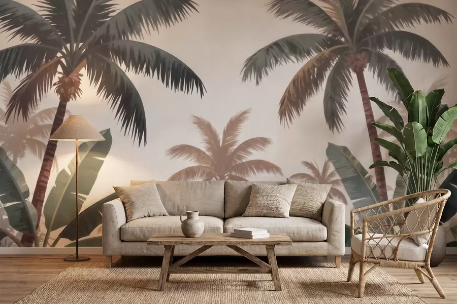 Papier peint Des palmiers tropicaux dans une palette de couleurs douces et vintage, dans une ambiance brumeuse de matinée w09884
