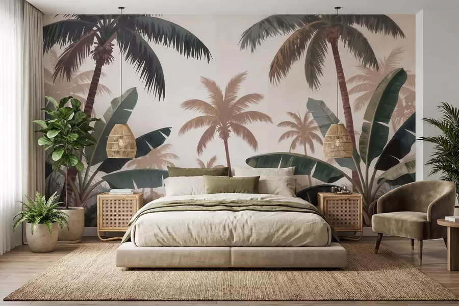 Papier peint Des palmiers tropicaux dans une palette de couleurs douces et vintage, dans une ambiance brumeuse de matinée w09884
