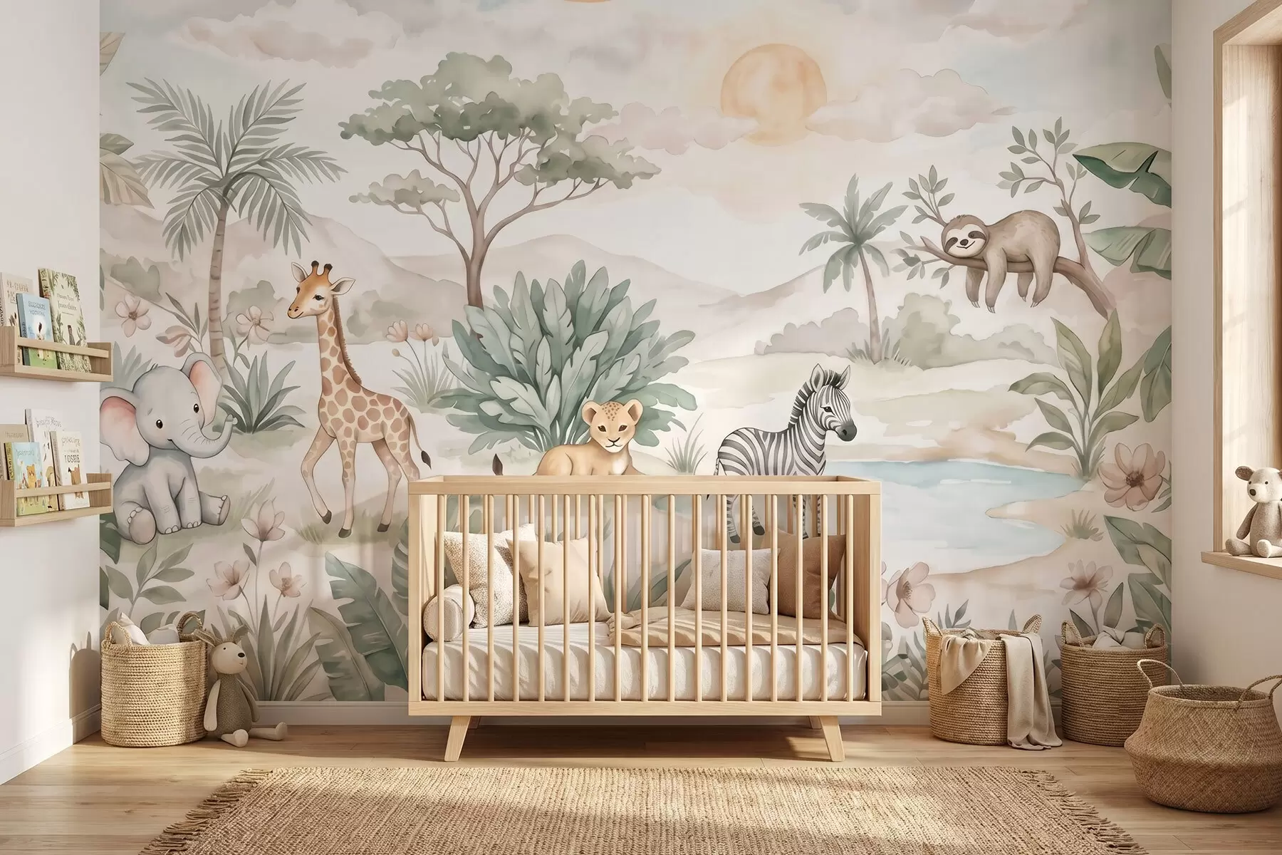 Papier peint Scène de safari à l'aquarelle représentant des animaux dans des tons pastel délicats : une girafe, un éléphanteau, un zèbre et un lionceau w09888