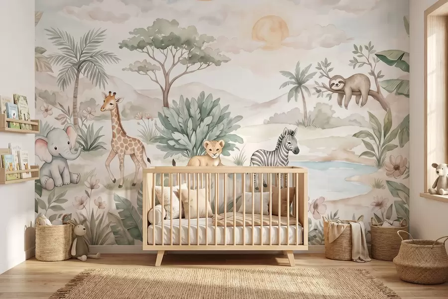 Papier peint Scène de safari à l'aquarelle représentant des animaux dans des tons pastel délicats : une girafe, un éléphanteau, un zèbre et un lionceau w09888