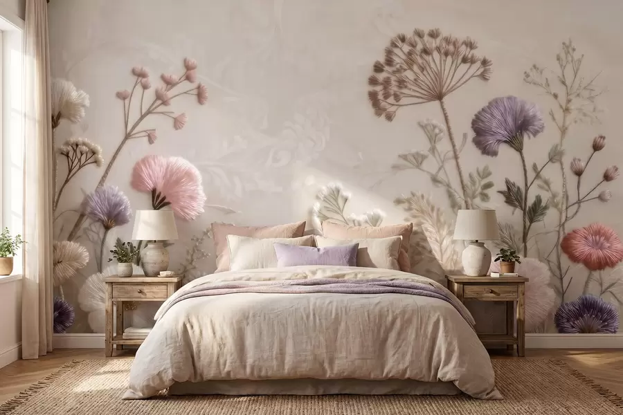 Papier peint Fleurs sauvages en trois dimensions, avec un effet de broderie artisanale, dans une palette de couleurs pastel w09874