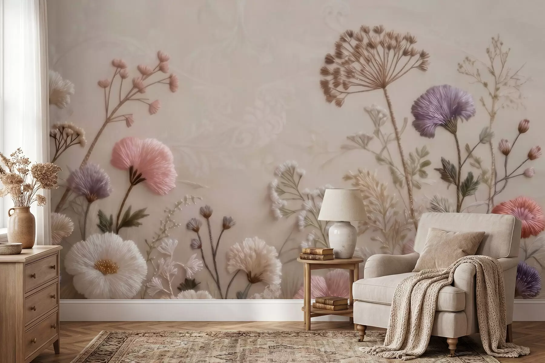Papier peint Fleurs sauvages en trois dimensions, avec un effet de broderie artisanale, dans une palette de couleurs pastel w09874