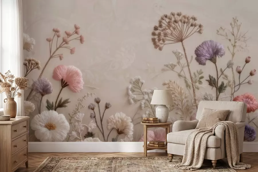 Papier peint Fleurs sauvages en trois dimensions, avec un effet de broderie artisanale, dans une palette de couleurs pastel w09874