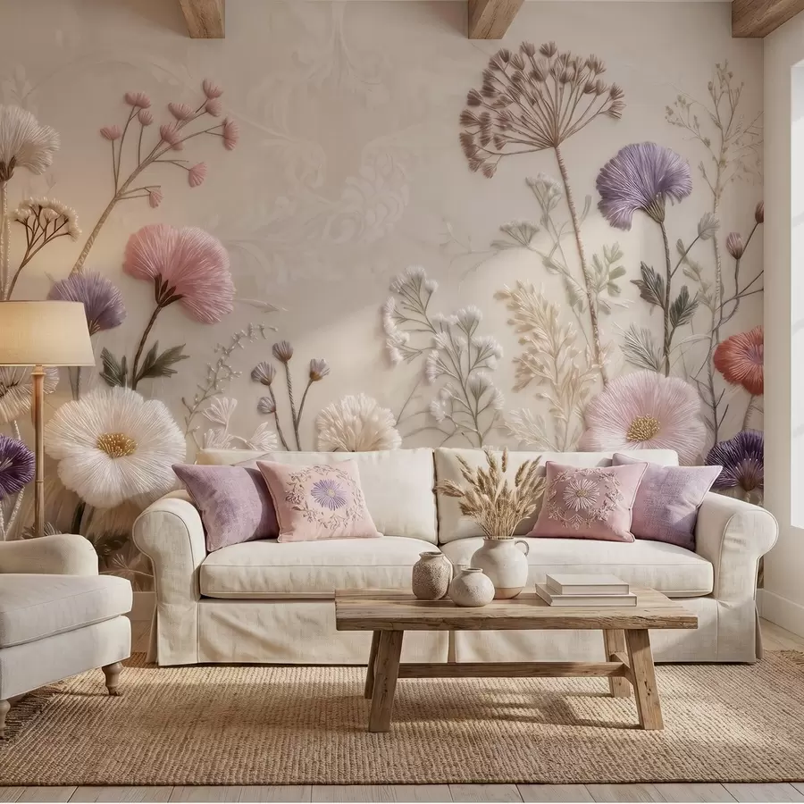Papier peint Fleurs sauvages en trois dimensions, avec un effet de broderie artisanale, dans une palette de couleurs pastel w09874