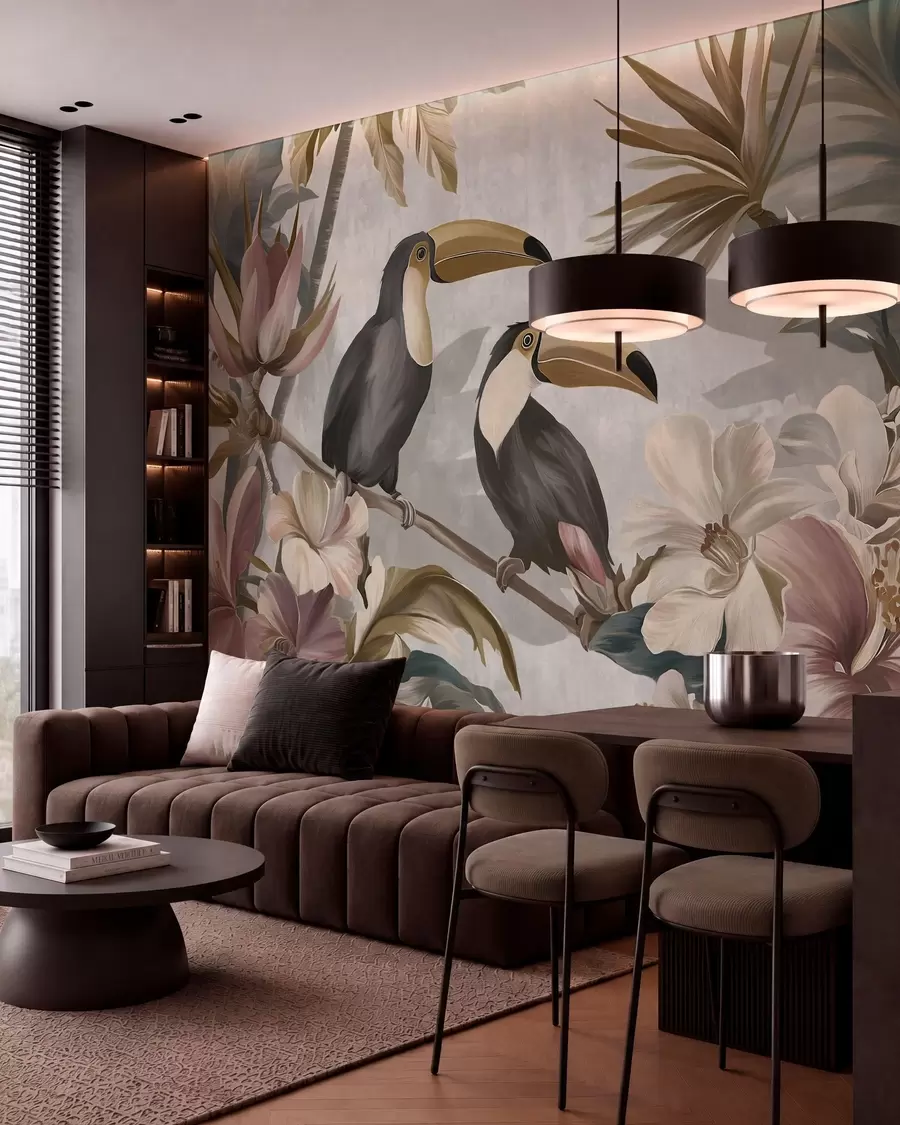 Papier peint un couple de toucans au milieu de fleurs et de feuillages tropicaux w05657