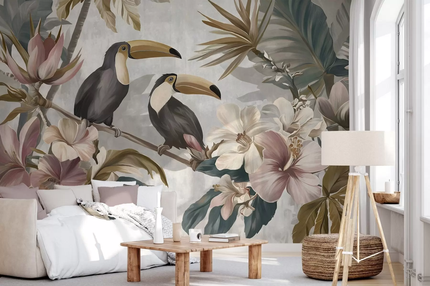 Papier peint un couple de toucans au milieu de fleurs et de feuillages tropicaux w05657