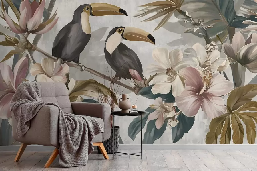 Papier peint un couple de toucans au milieu de fleurs et de feuillages tropicaux w05657