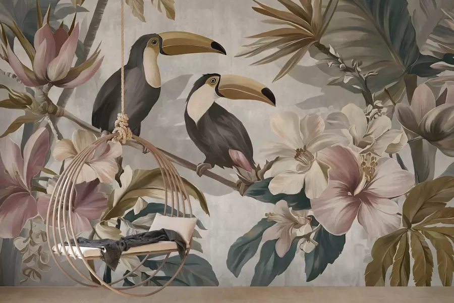 Papier peint un couple de toucans au milieu de fleurs et de feuillages tropicaux w05657