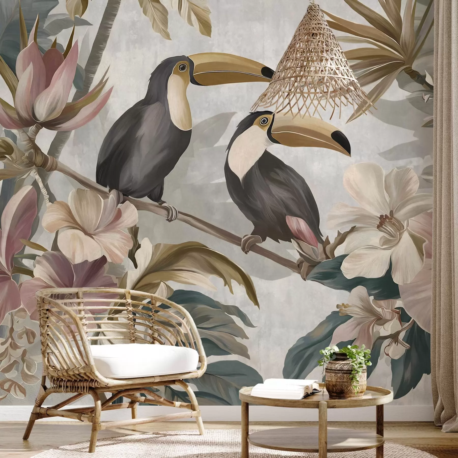 Papier peint un couple de toucans au milieu de fleurs et de feuillages tropicaux w05657