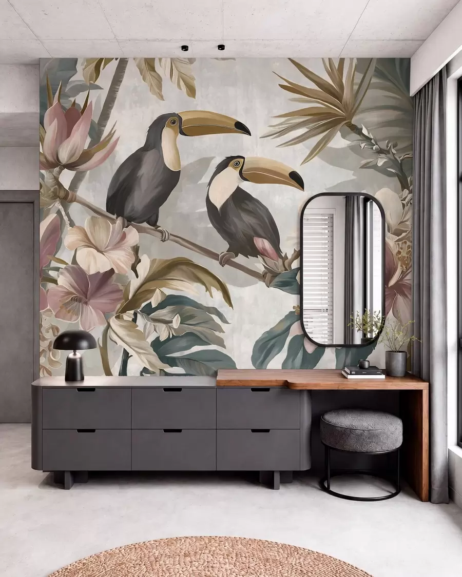 Papier peint un couple de toucans au milieu de fleurs et de feuillages tropicaux w05657