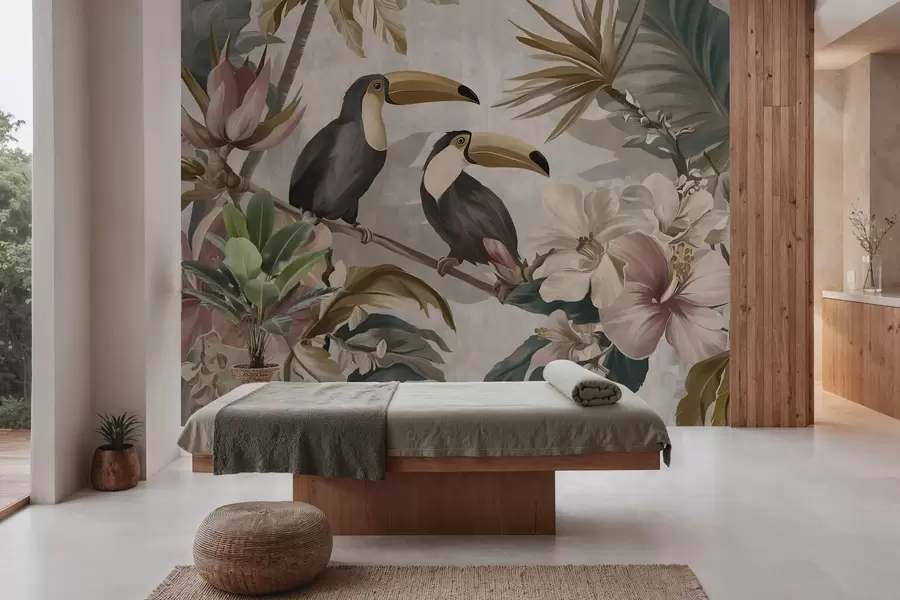 Papier peint un couple de toucans au milieu de fleurs et de feuillages tropicaux w05657