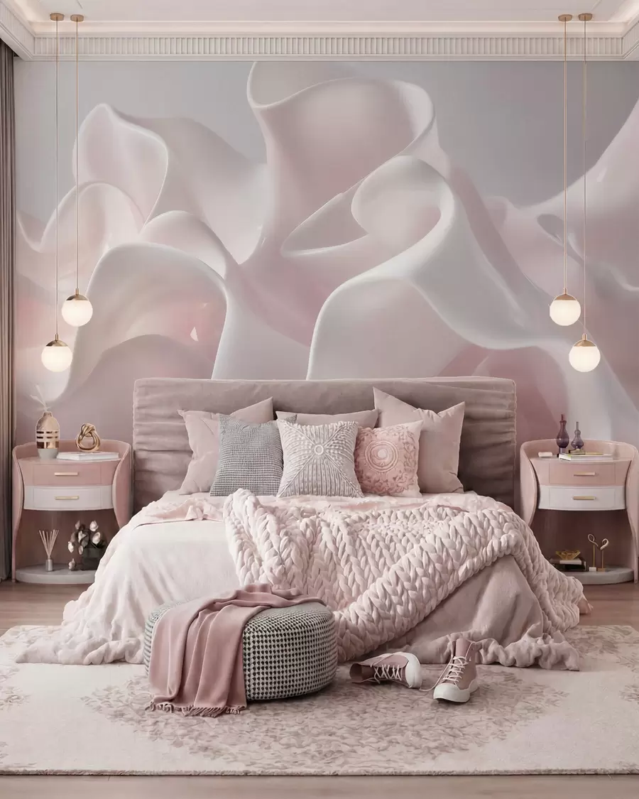 Papier peint Des ondulations aériennes en soie dans des tons rose poudré délicats w09858