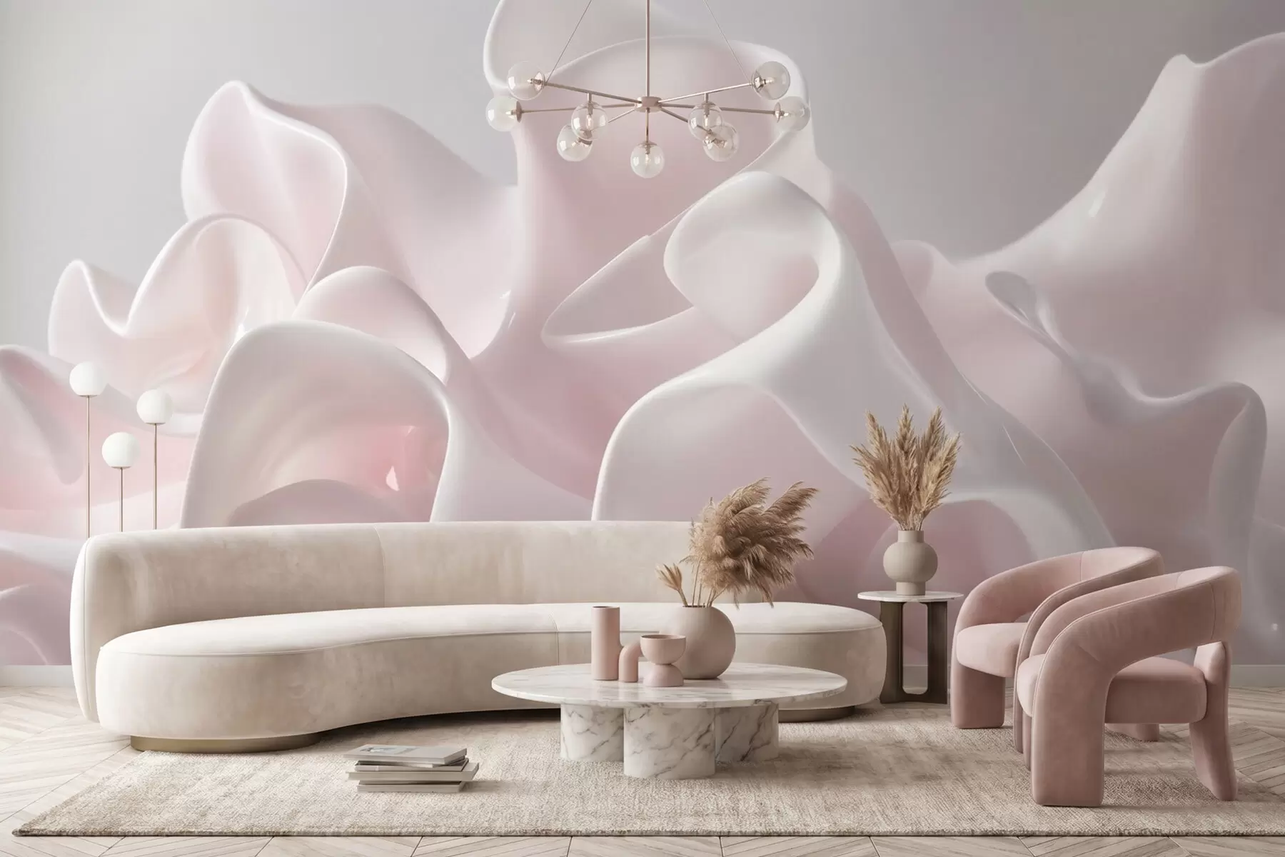 Papier peint Des ondulations aériennes en soie dans des tons rose poudré délicats w09858