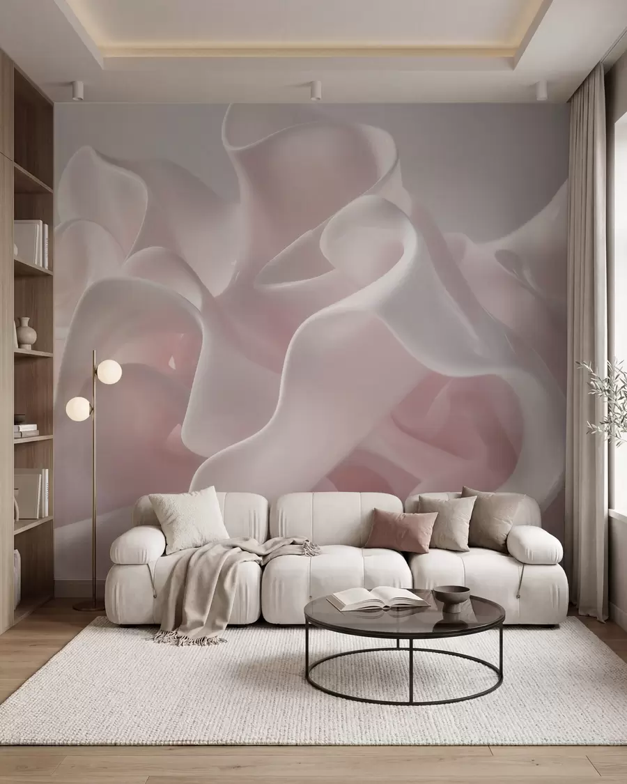 Papier peint Des ondulations aériennes en soie dans des tons rose poudré délicats w09858
