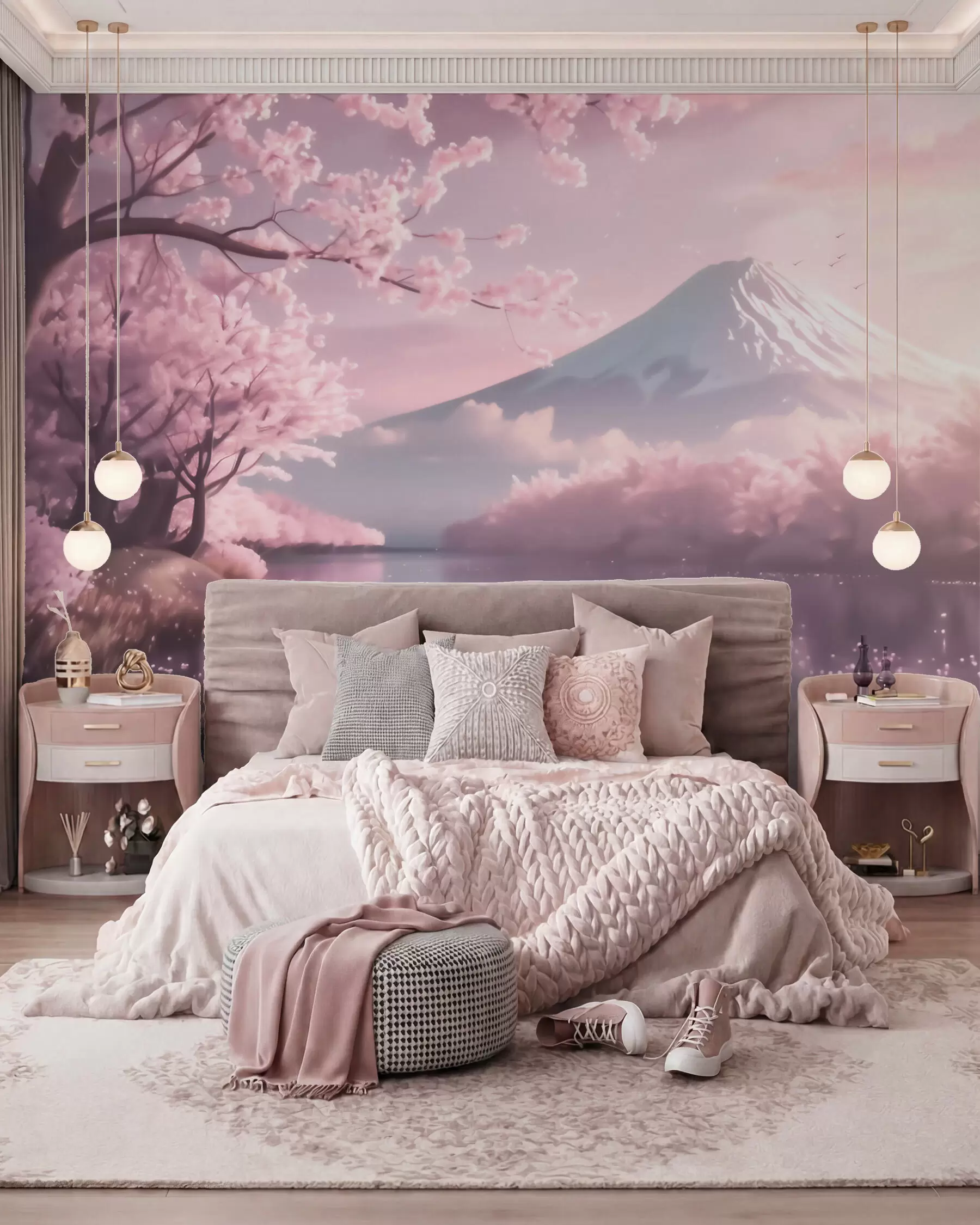 Papier peint Paysage japonais serein avec des cerisiers en fleurs et un lac de montagne au lever du soleil w09864